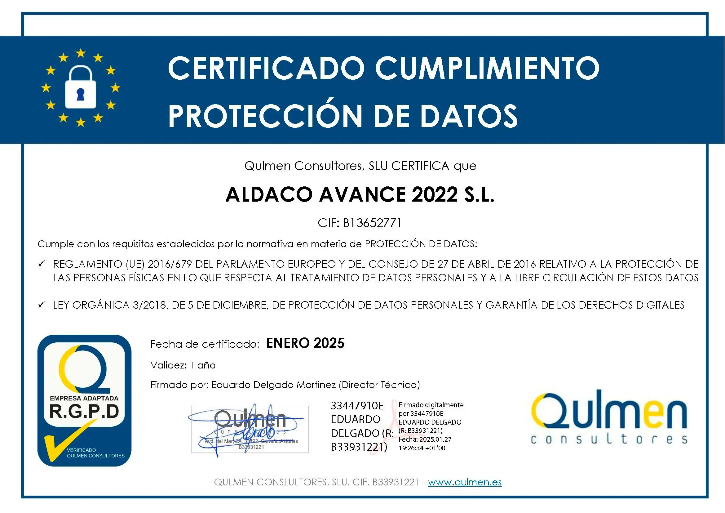 CERTIFICADO DE PROTECCION DE DATOS 2025