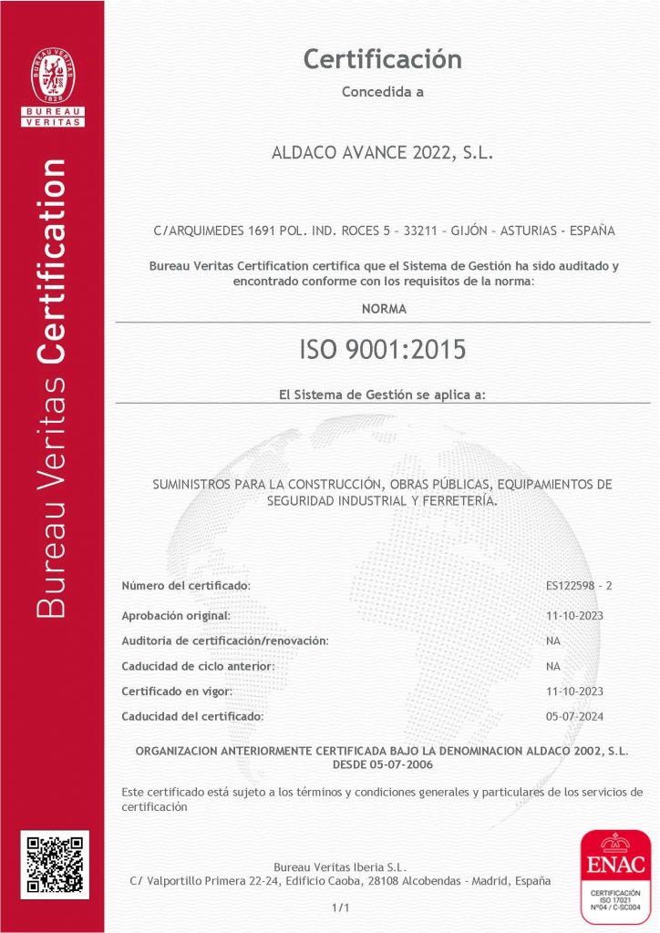 Certificacion Bureau Veritas ALDACO AVANCE 2022 SL