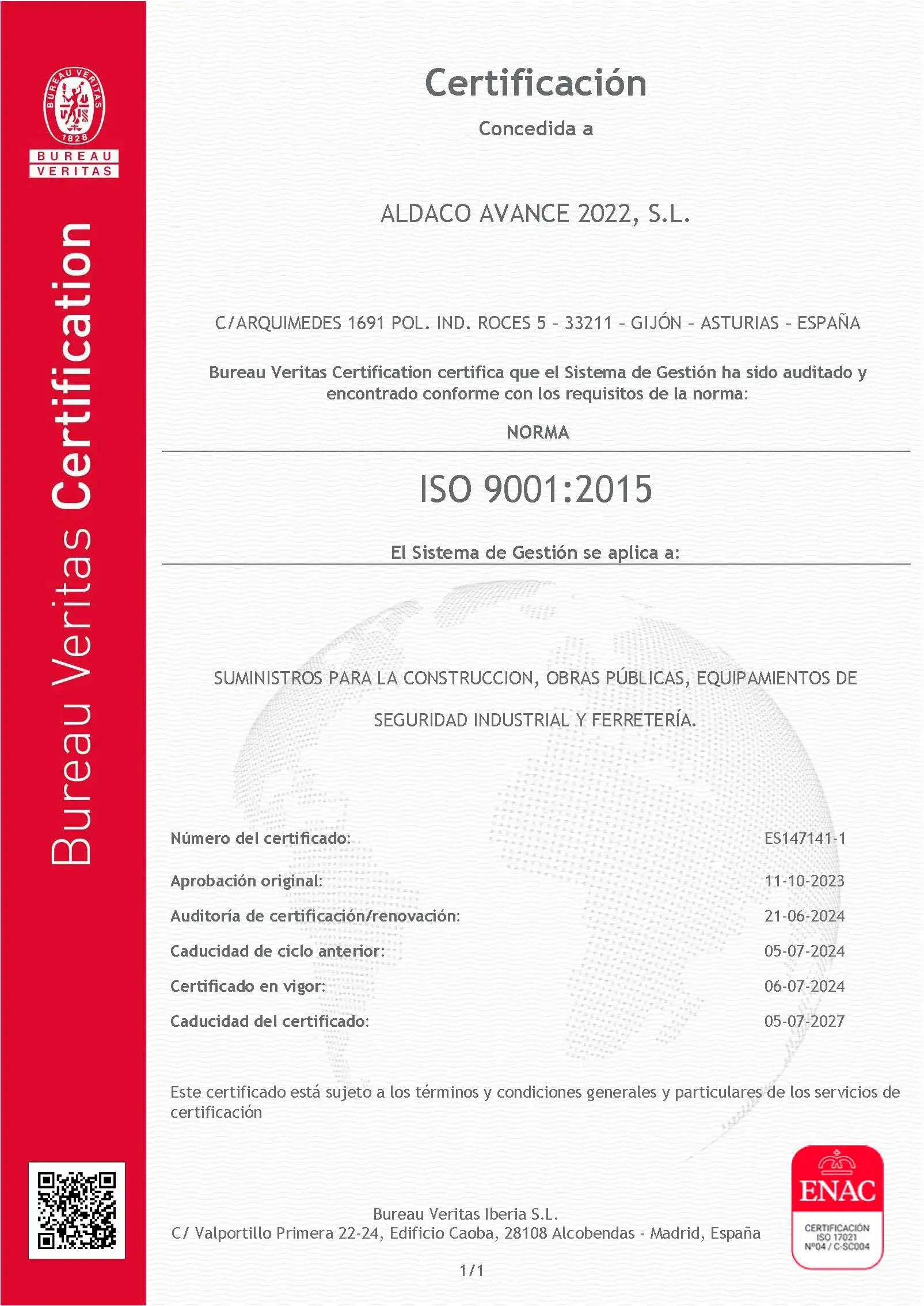 Certificado de Calidad ISO 9001 ALDACO AVANCE 2022