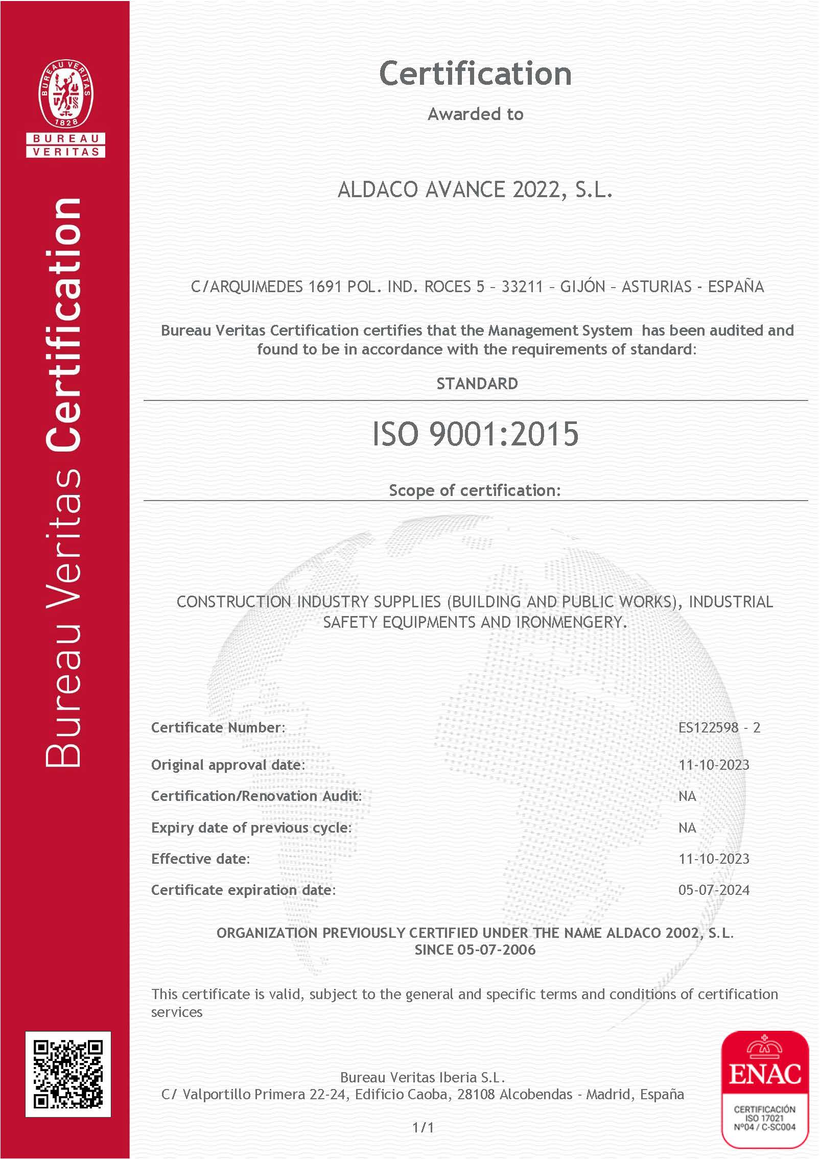 Certification Bureau Veritas ALDACO AVANCE 2022 SL